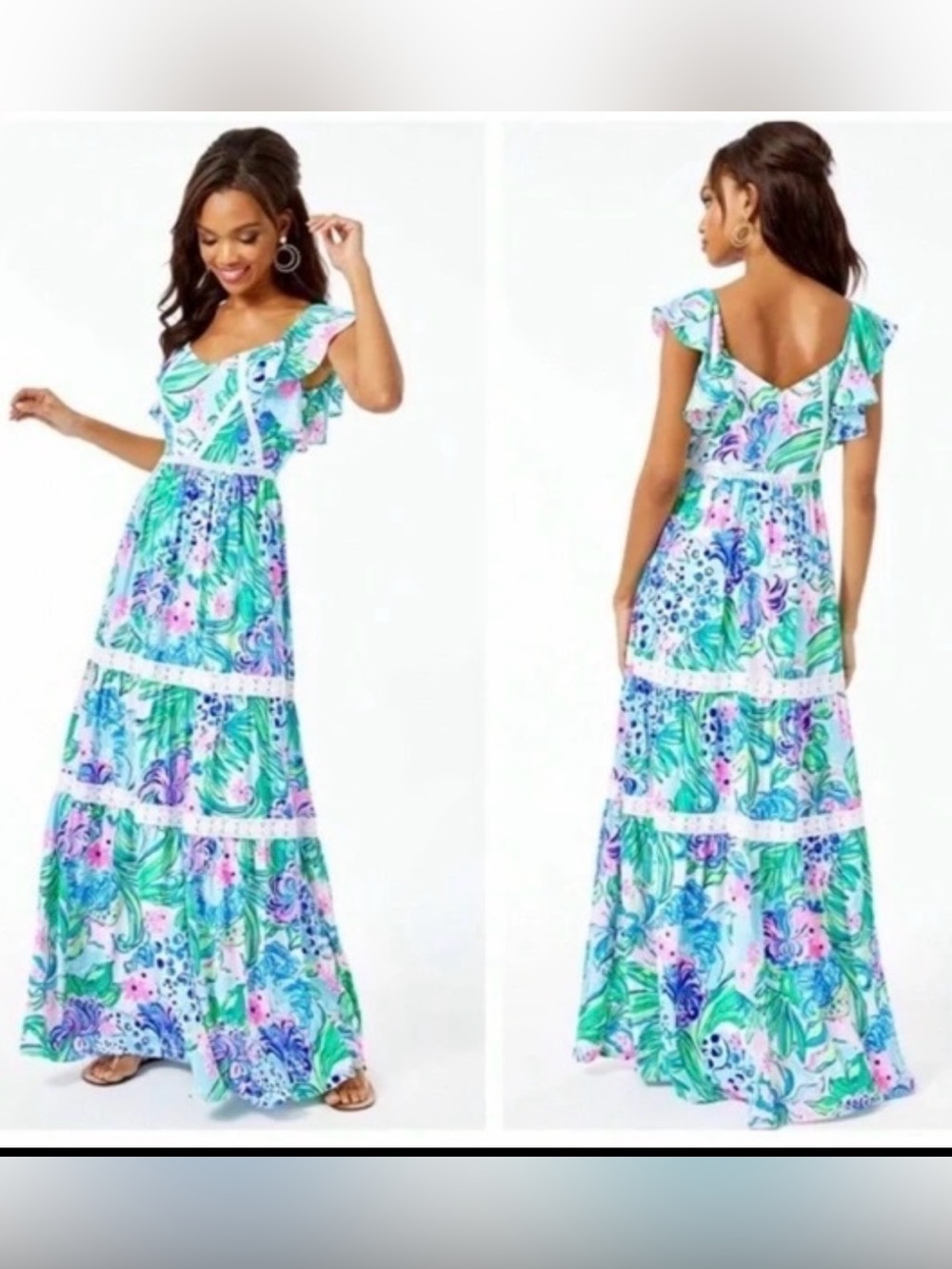 Lilly Pulitzer Aqua, Pink and Green Ruffle Tiered Maxi Dress